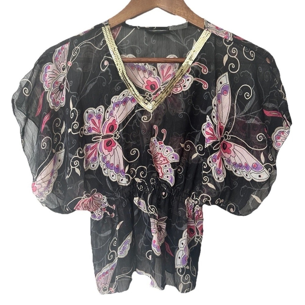 Y2K Mary Kate and Ashley Blouse Sheer Butterfly Juniors Small (6/6x) Sequins